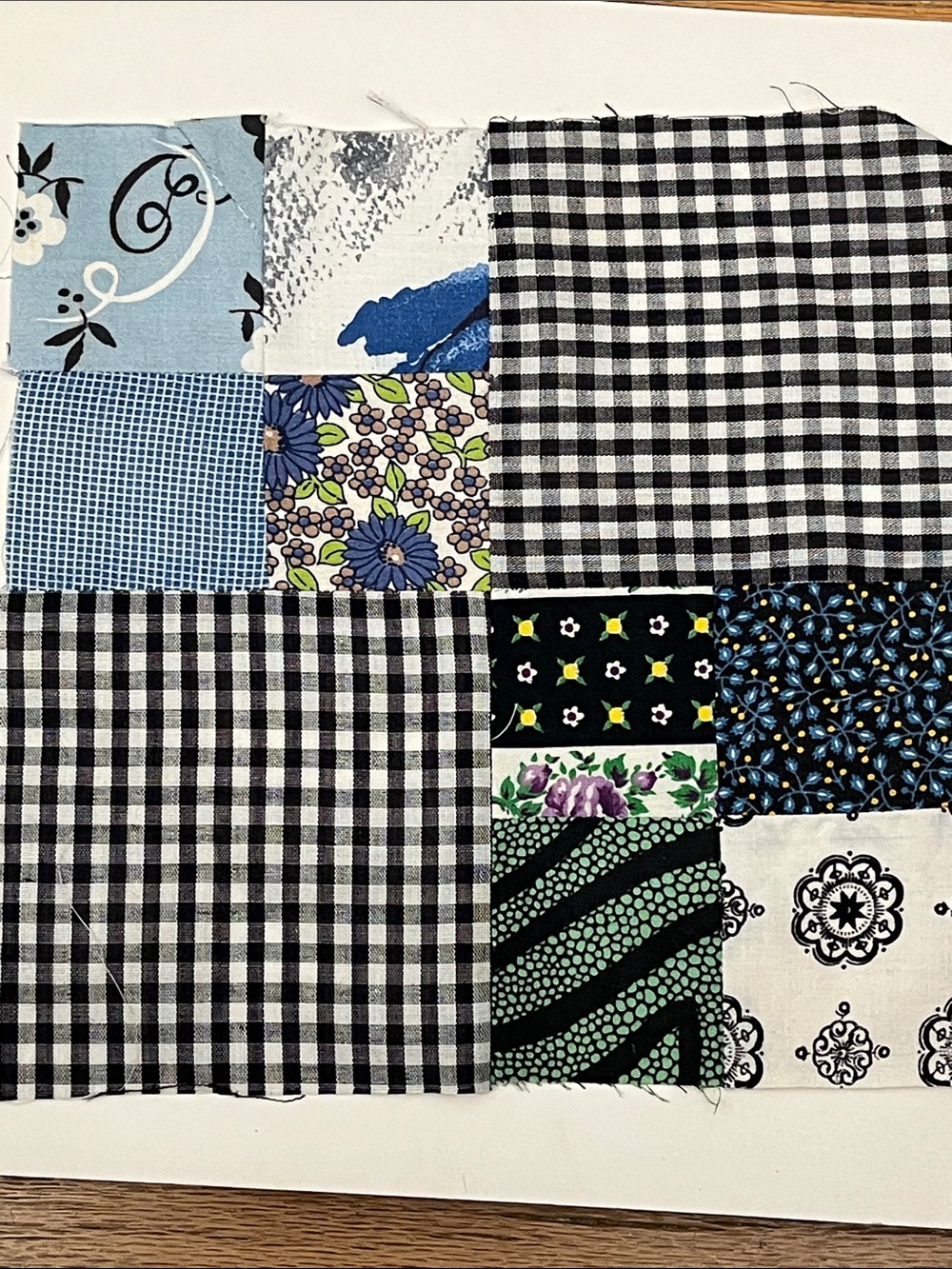 Vintage Patchwork Block Set  - Black Gingham and Blues Greens